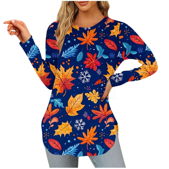 CLOISE Cute Fall Tops for Women Crew Neck Shirt Tunic Graphic Long Sleeve Pullover Cute Vacation Clothes Blue L