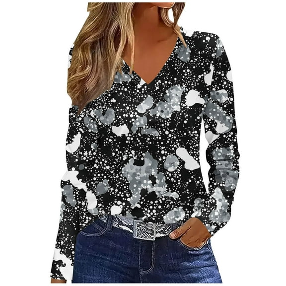 CLOISE Cute Fall Tops for Women V Neck Shirt Graphic Long Sleeve Pullover Cute Vacation Clothes Gray S