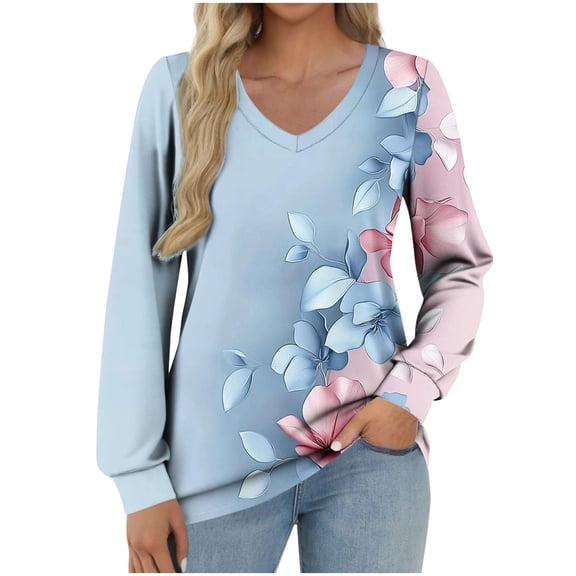 CLOISE Cute Graphic Tees for Women V Neck Graphic Long Sleeve Pullover Cute Fall Winter Clothes Light Blue 2XL