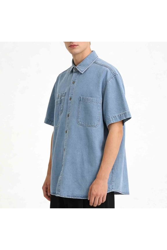 Cute Short Sleeve Tops for Men Big and Tall Shirts with Pockets Button Collared Casual Pullover Denim Solid Color Loose Summer Blouses Light Blue
