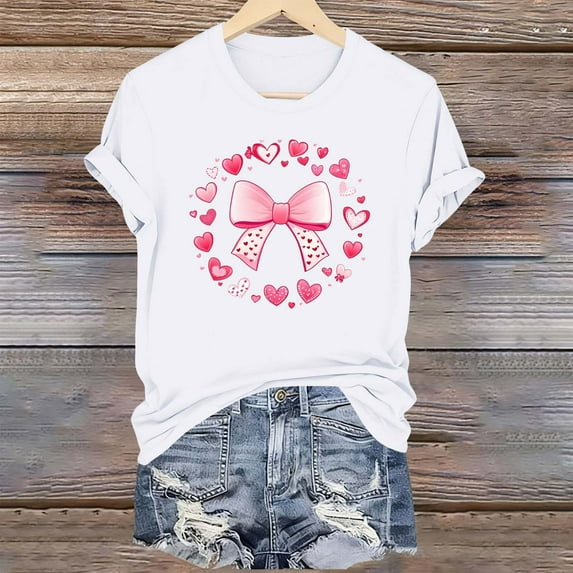 CLOISE Cute Short Sleeve Tops for Women Mothers Days Plus Size Shirts Crewneck Holiday Pullover Bow Holiday Blouses White