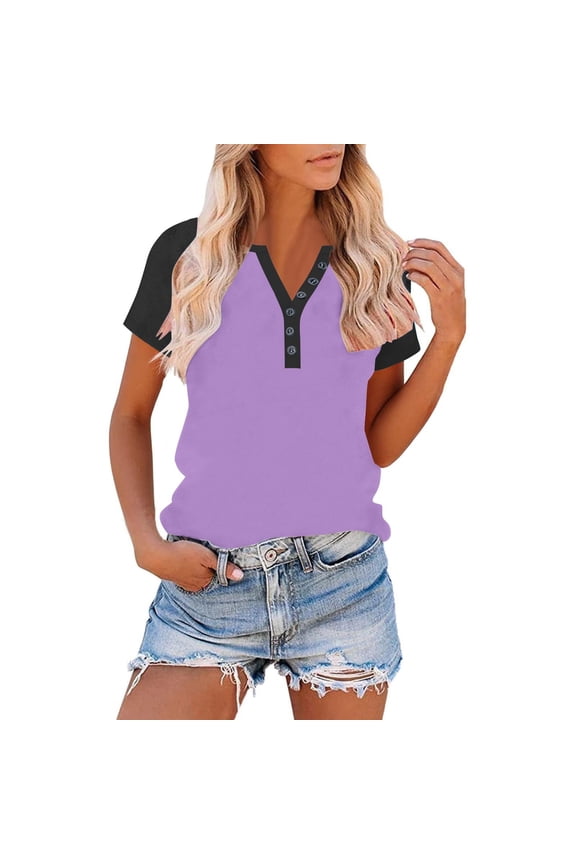 Cute Short Sleeve Tops for Women Plus Size Shirts Button Crewneck Casual Pullover Color Block Loose Summer Blouses Purple