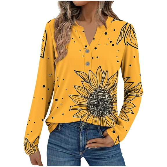 CLOISE Cute Tops for Women Trendy Plus Size V Neck Shirt Button Graphic Long Sleeve Pullover Cute Vacation Clothes