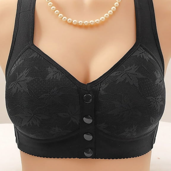 CLOISE Daisy Bras for Older Women Plus Size Front Closure Full Coverage No Underwire Bras for Seniors Wireless Front Close Push up Bras with Back Support Lace Everyday Bras Black M