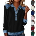 thumbnail image 1 of CLOISE Denim Patchwork Shirt for Women Long Sleeve Pullover Tops Button Collared Blouses Solid Casual Work Clothes, 1 of 8
