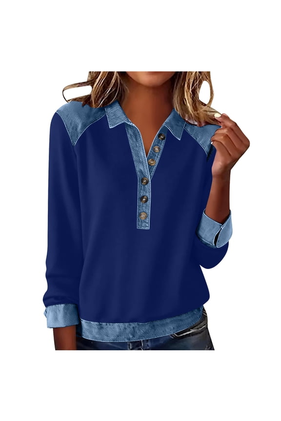 Denim Patchwork Shirt for Women Long Sleeve Pullover Tops Button Collared Blouses Solid Casual Work Clothes