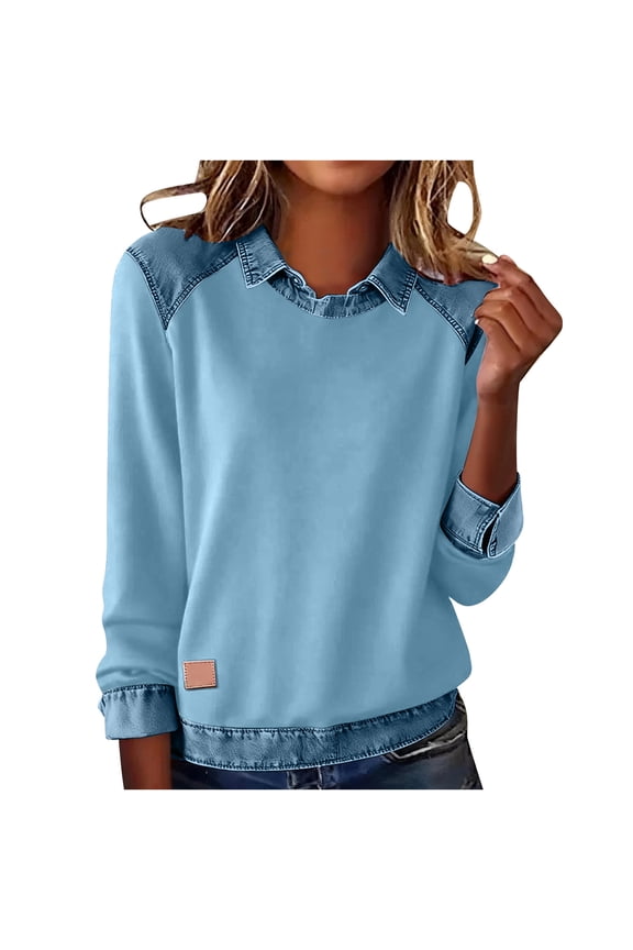 Denim Patchwork Shirt for Women Long Sleeve Pullover Tops Collared Blouses Solid Casual Vacation Clothes