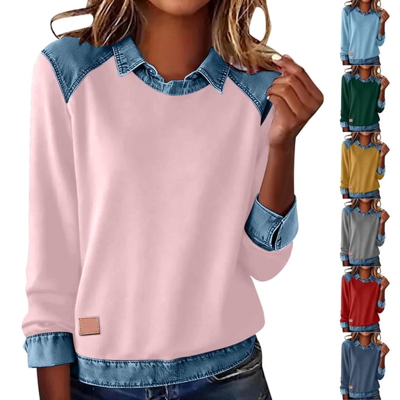 CLOISE Denim Patchwork Tops for Women Long Sleeve Shirts Collared Pullover Solid Casual Vacation Clothes Pink M