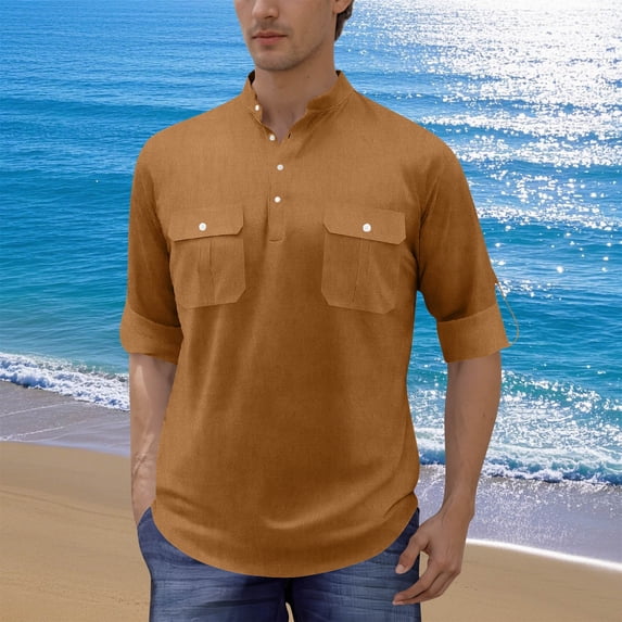 CLOISE Elbow Length T Shirts for Men Elbow Length Big and Tall Tops with Pockets Collared Casual Pullover Solid Color Summer Blouses Coffee
