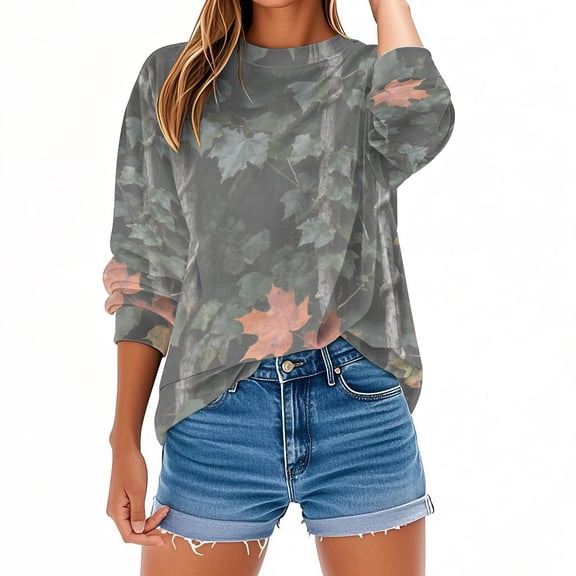 CLOISE Fall Sweatshirts for Women Plus Size Lightweight Crew Neck Tops Camouflage Long Sleeve Pullover Oversized Clothes