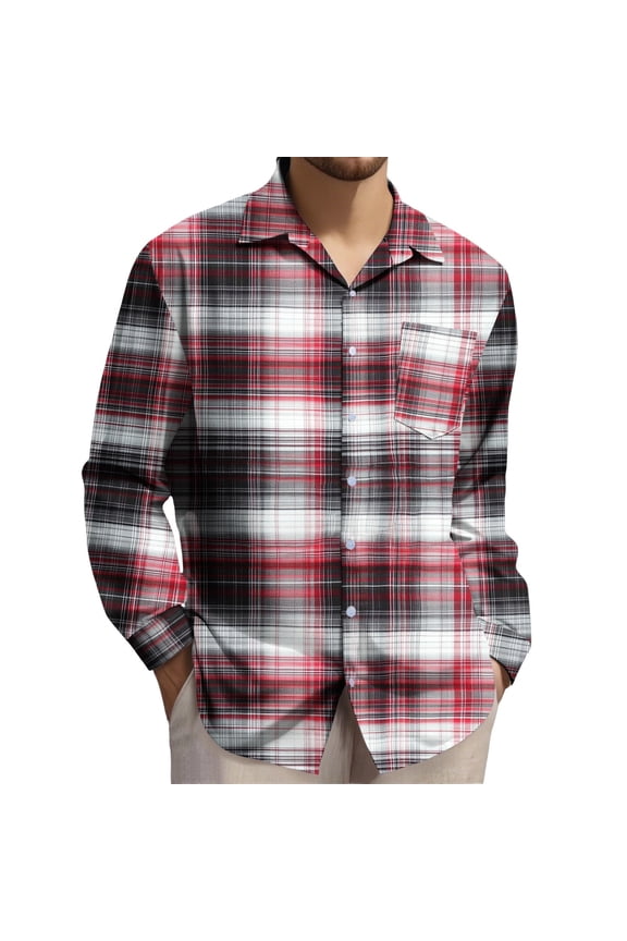 Fall Tops for Men Trendy Big and Tall Collared Shirt Plaid Long Sleeve Pullover Winter Clothes Multicolor 6XL