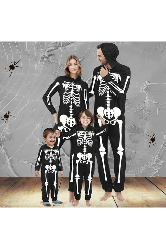 Family of 4 Halloween Pajamas Skeleton One-Piece Sleepwear for Baby 12 Months Hooded Zipper Pajamas Comfy Long Sleeve Jumpsuit Funny Halloween Outfits in November Black
