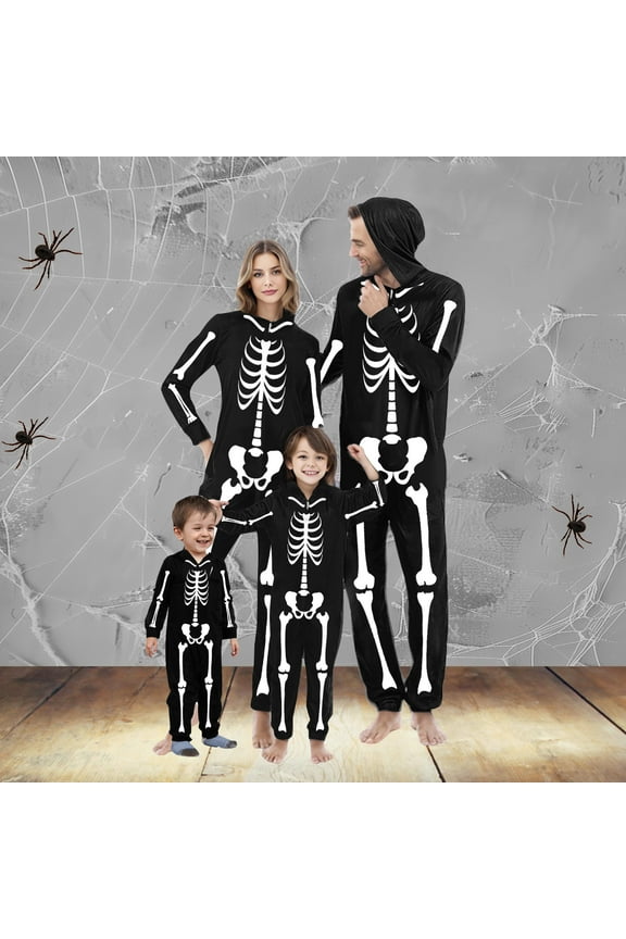 Family Halloween Pajamas Matching Sets Skeleton One-Piece Halloween Pjs for Women Hooded Zipper Pajamas Soft Long Sleeve Nightwear Funny Halloween Gifts Winter Festival Outfits Black XL