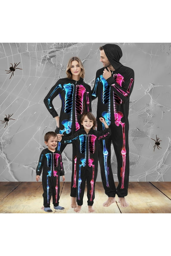 Family Halloween Pajamas Matching Sets Skeleton Onesie Pjs for Women Hooded Zipper Sleepwear Comfy Long Sleeve Loungewear Funny Halloween Outfits in November Black XL