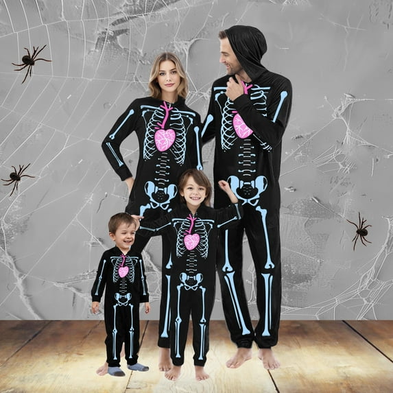 CLOISE Family Pajamas Halloween Skeleton One Piece Pajamas for Women Hooded Zipper Pjs Comfy Long Sleeve Holiday Loungewear Funny Halloween Outfits in November Black XL