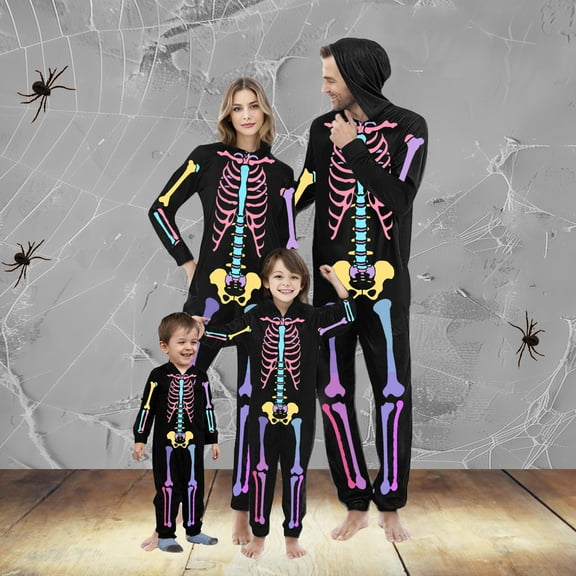 CLOISE Family Pajamas Matching Sets Halloween Skeleton One-Piece Sleepwear Hooded Zip up Jumpsuit Funny Outfits