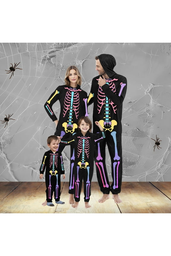 Family Pajamas Matching Sets Halloween Skeleton One-Piece Sleepwear Hooded Zip up Jumpsuit Funny Outfits