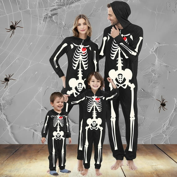 CLOISE Family Pajamas Matching Sets Halloween Skeleton One-Piece Sleepwear Hooded Zip up Jumpsuit Funny Outfits