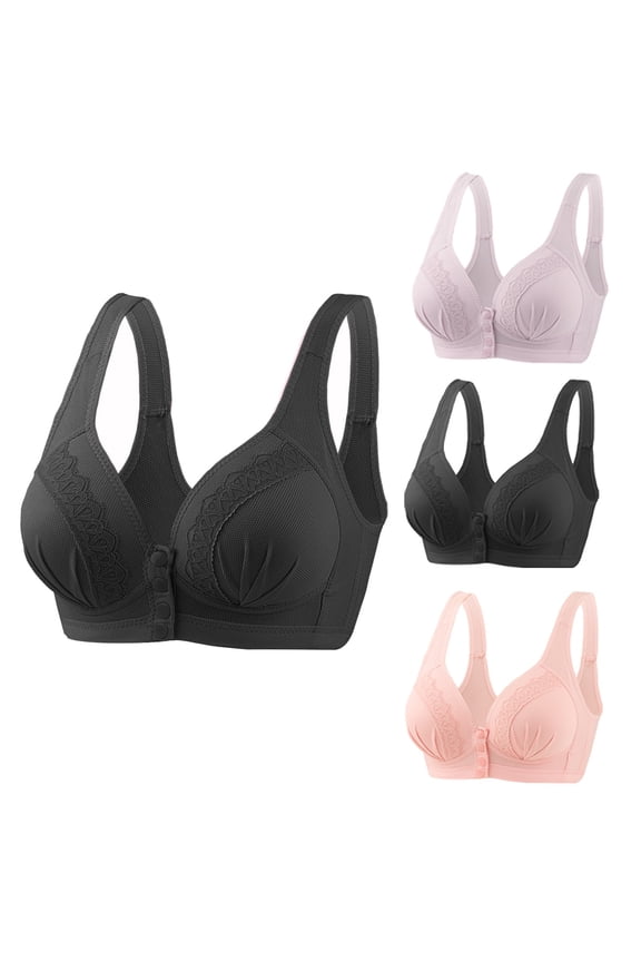 Front Closure Bras for Older Women 3 Pack Front Closure No Underwire Push up Bras Wireless Front Close Medium Support Sports Bras Comfort Soft Lace Sleeping Everyday Bras Hot Pink 3XL