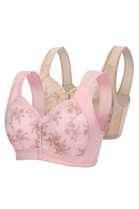 Front Closure Bras for Older Women Plus Size 2 Pack Front Closure Full Coverage No Underwire Bras for Seniors Wireless Push up Bras with Back Support Lace Everyday Bras Hot Pink 3XL