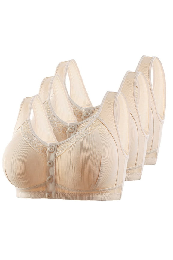 Front Closure Bras for Women 3 Pack Front Closure Full Coverage No Underwire Cotton Bras Front Snaps Seniors High Support Wireless Push up Bra Older Women Lace Everyday Bras Beige 36