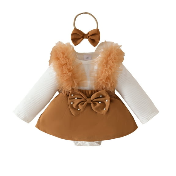 CLOISE Girls Long Sleeve Bodysuit Button Long Sleeve Solid Rompers with Head Scarf Brown 6-9 Month