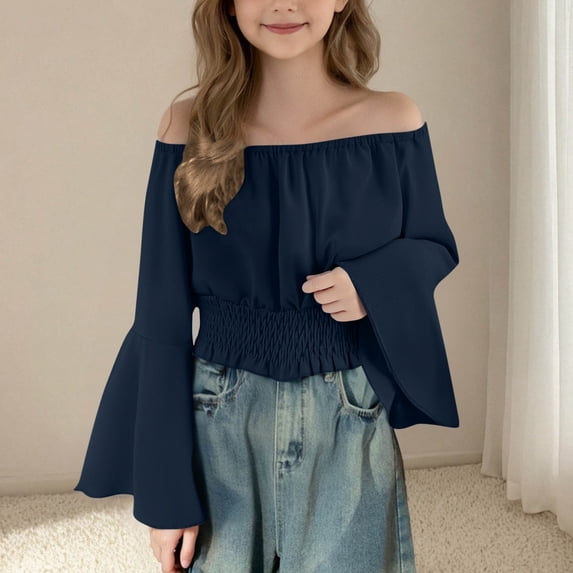 CLOISE Girls Long Sleeve Tee Shirts Tops Off Shoulder Casual Pullover Solid Color Blouses Navy 5-6T