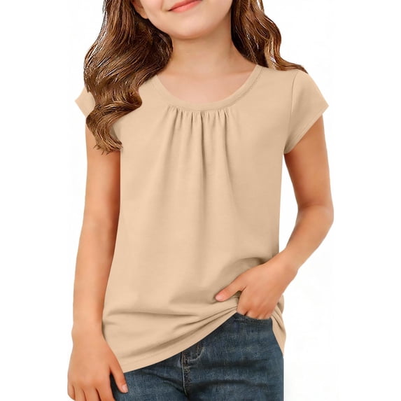 CLOISE Girls Short Sleeve Tee Shirts Tops Round Neck Casual Pullover Solid Color Summer Blouses Khaki 5-6T