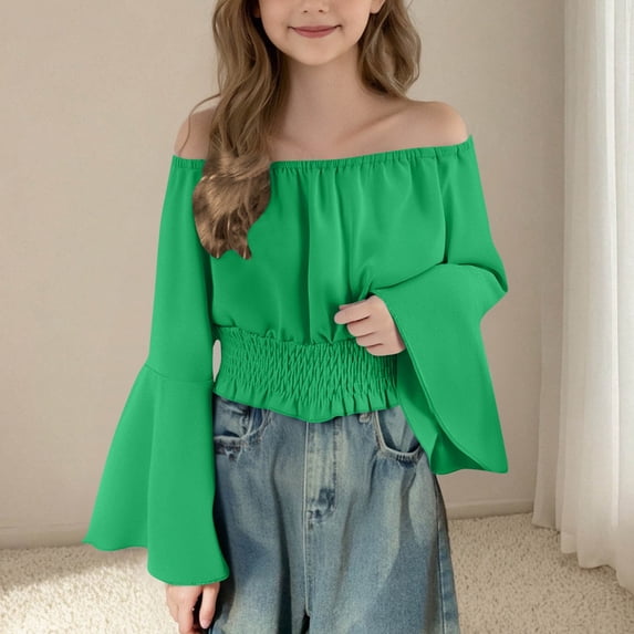 CLOISE Girls Tops Long Sleeve Shirts Off Shoulder Casual Pullover Solid Color Blouses Green 14-15T