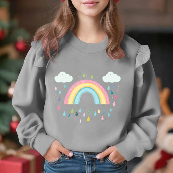 CLOISE Girls Tops Long Sleeve Shirts with Pockets Crewneck Casual Pullover Graphic Blouses Gray 5-6T