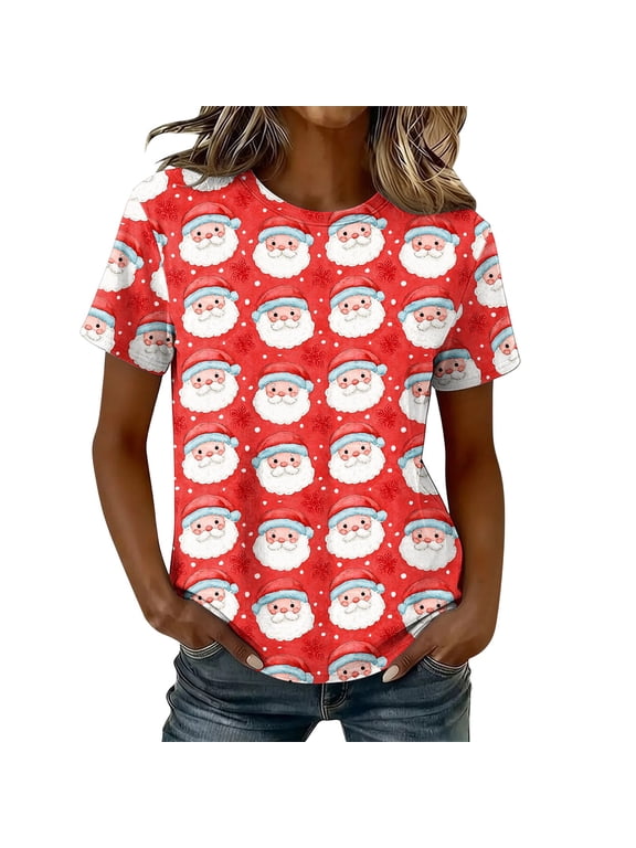 Graphic T Shirts for Women Plus Size Christmas Santa Claus Crew Neck Tee Tops Short Sleeve Pullover Slim Funny Holiday Photos Clothes XL