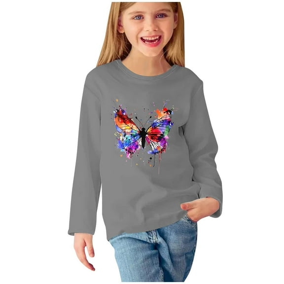 CLOISE Gray Toddler White Tshirt Boy Girls Long Sleeve Crew Neck Tops Butterfly Outfits Fall Winter Clothes 5T