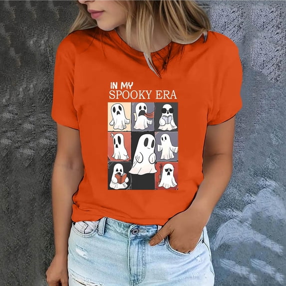 CLOISE Halloween Blouses for Women Funny Halloween Ghost Printed Tops Short Sleeve Scoop Neck Shirts Basic Tunic Comfy Blouses Spooky Party Outfits Winter Gift