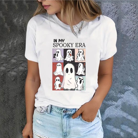 CLOISE Halloween Blouses for Women Funny Halloween Ghost Print Shirts Short Sleeve Crewneck Blouses Basic Tunic Oversized Tees Boo Festival Clothes Gift