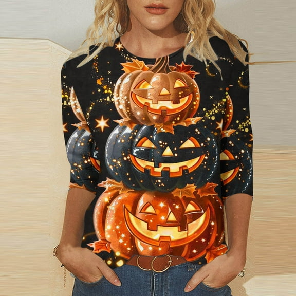 CLOISE Halloween Blouses for Women Funny Halloween Pumpkin Face Printed Tops 3/4 Sleeve Scoop Neck Shirts Basic Tunic Comfy Blouses Spooky Season Outfits Gift