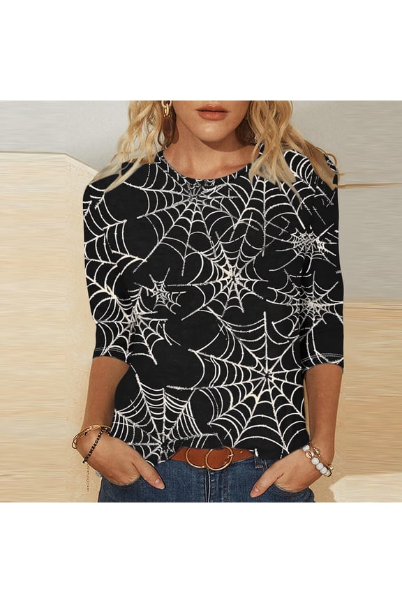 Halloween Blouses for Women Funny Halloween Spider Web Graphic Tees 3/4 Sleeve Crew Neck Tops Basic Tunic Oversized Shirts Boo Party Outfits Fall Gift