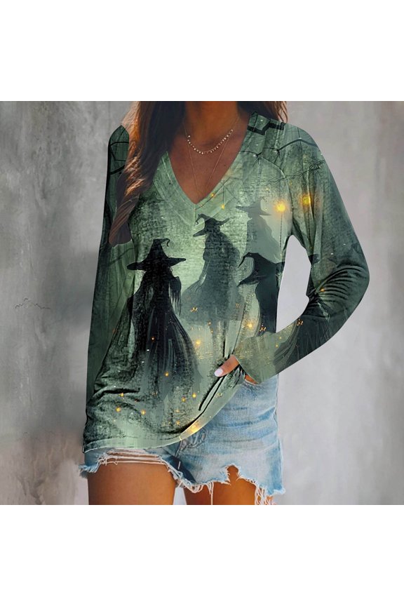 Halloween Blouses for Women Plus Size Funny Halloween Witch Printed Shirts Long Sleeve V-Neck Blouses Flowy Loose Oversized Tees Boo Holiday Clothes Winter Gift