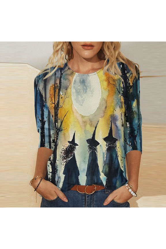 Halloween Shirts for Women Plus Size Trendy Halloween Witch Printed Tops 3/4 Sleeve Crew Neck Shirts Basic Loose Oversized Blouses Spooky Season Outfits Gift
