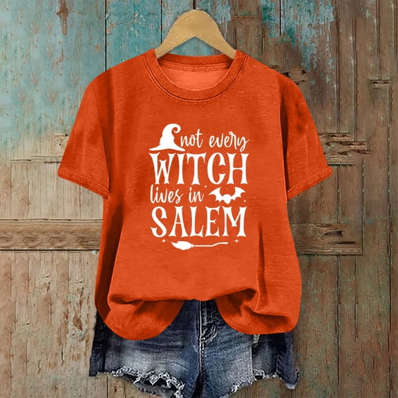 CLOISE Halloween Shirts for Women Trendy Halloween Witch Salem Print Tees Short Sleeve Crew Neck Tops Basic Casual Comfy Shirts Party Outfits Fall Gift