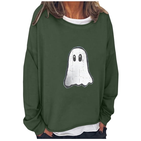 CLOISE Halloween Shirts for Women Long Sleeve Ghost Graphic Tops Crew Neck Pullover Fake Two Piece Plus Size Blouses