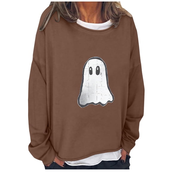 CLOISE Halloween Shirts for Women Long Sleeve Ghost Graphic Tops Crew Neck Pullover Fake Two Piece Plus Size Blouses