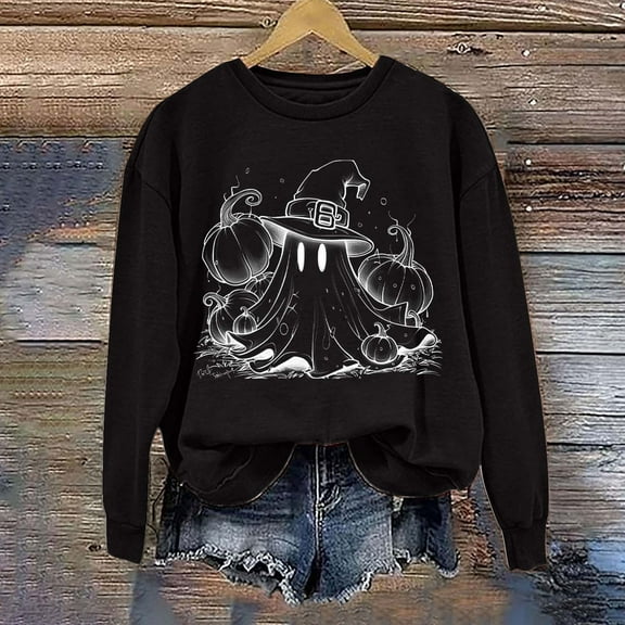 CLOISE Halloween Sweatshirts Women Fashion Ghost Graphic Pullover Sweatshirts Fall Long Sleeve Crew Neck Hoodies Shirts Casual Tops Festival Party Clothes Black XL Trick
