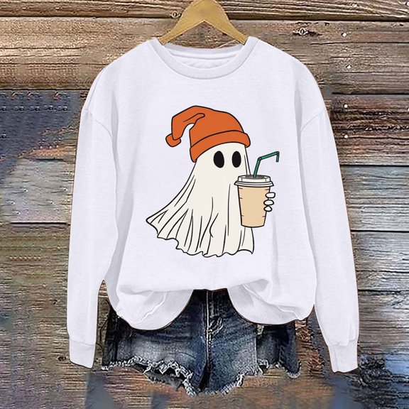 CLOISE Halloween Sweatshirts Women Fashion Ghost Print Oversized Sweatshirts Fall Long Sleeve Crew Neck Hoodies Shirts Casual Blouses Holiday Gift Clothes White XL Spooky