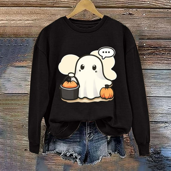 CLOISE Halloween Sweatshirts Women Fashion Ghost Print Oversized Sweatshirts Fall Long Sleeve Crew Neck Hoodies Shirts Loose Blouses Holiday Gift Outfits Black S Trick