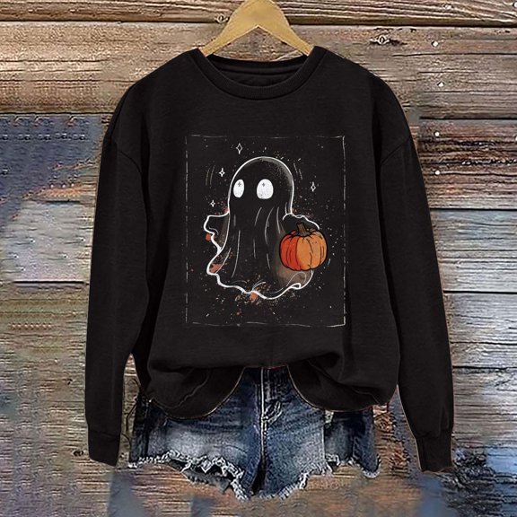 CLOISE Halloween Sweatshirts for Women Fashion Ghost Print Pullover Sweatshirts Fall Long Sleeve Crew Neck Hoodies Shirts Soft Blouses Holiday Gift Clothes Black L Spooky