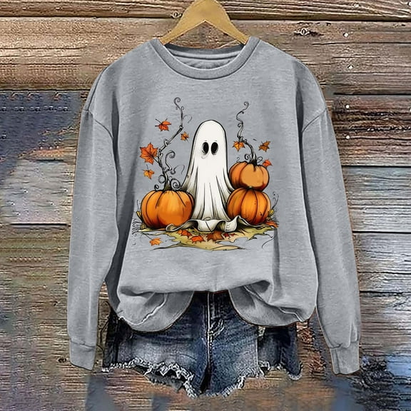CLOISE Halloween Sweatshirts for Women Funny Ghost Print Pullover Sweatshirts Fall Long Sleeve Round Neck Hoodies Shirts Casual Tees Festival Gift Clothes Gray XL Spooky