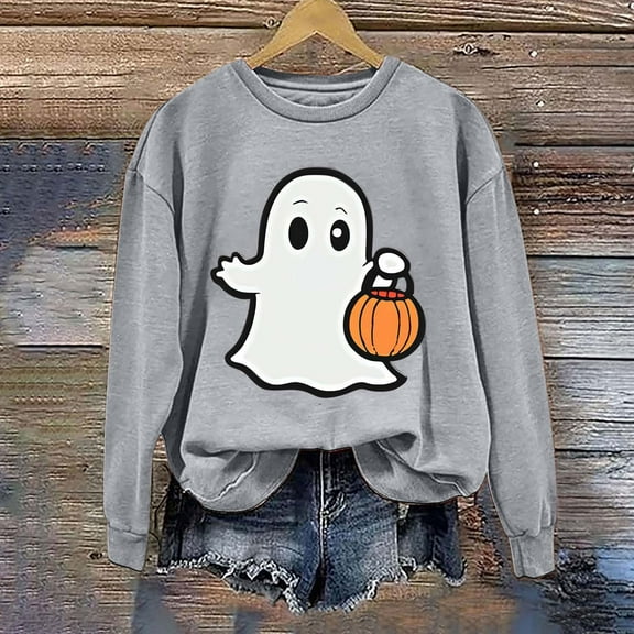 CLOISE Halloween Sweatshirts for Women Trendy Ghost Print Oversized Sweatshirts Fall Long Sleeve Crewneck Hoodies Shirts Comfy Tops Halloween Party Clothes Gray M Spooky