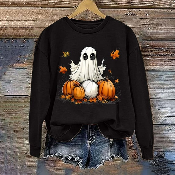 CLOISE Halloween Sweatshirts Women Trendy Ghost Print Oversized Sweatshirts Fall Long Sleeve Crewneck Hoodies Shirts Loose Tops Halloween Party Outfits Black S Trick
