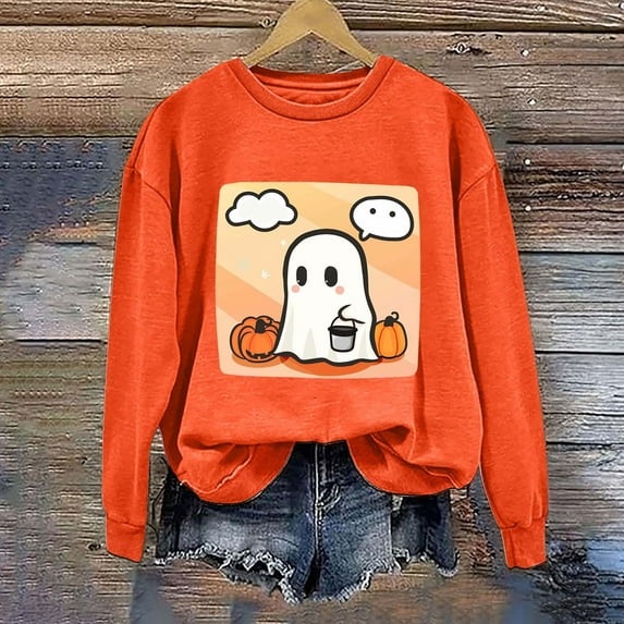 CLOISE Halloween Sweatshirts for Women Trendy Ghost Print Oversized Sweatshirts Fall Long Sleeve Crewneck Hoodies Shirts Soft Tops Halloween Party Outfits Orange L Trick