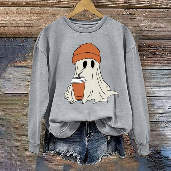 CLOISE Halloween Sweatshirts Women Trendy Ghost Print Pullover Sweatshirts Fall Long Sleeve Crewneck Hoodies Shirts Casual Tops Halloween Party Clothes Gray XL Boo